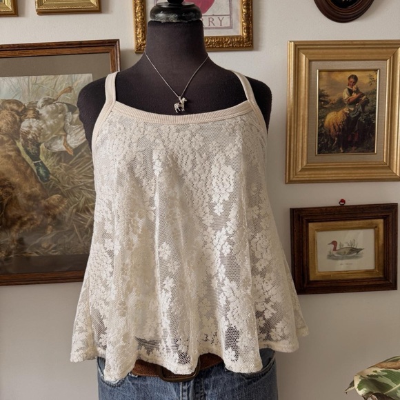 love on a hanger Tops - Cream Lace Floral Babydoll Camisole